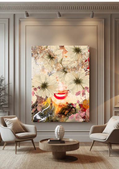 Table ronde avec vase au centre, canapé beige, et tableau abstrait floral au mur.