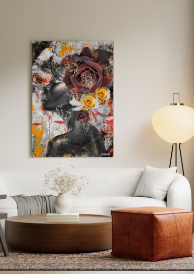 Femme stylisée avec une rose et des éléments abstraits dans un décor moderne.