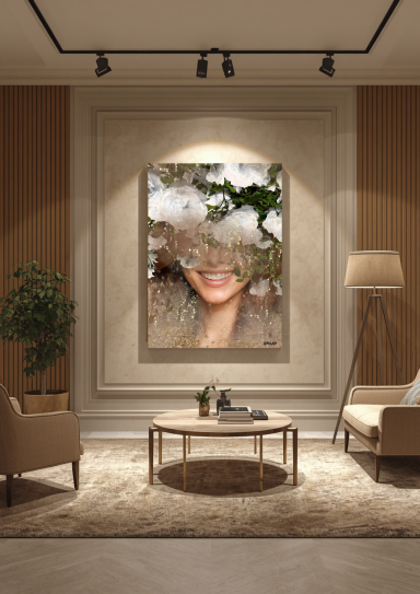 Portrait flou d'une personne cachée par des éléments naturels dans un intérieur moderne.